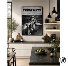 Wandbild mit Zeitungsdesign im schwarzen Rahmen in einer modernen Küche mit Kücheninsel und Küchenzeile mit Arbeitsplatte in Steinoptik. (Image AI modified or generated)