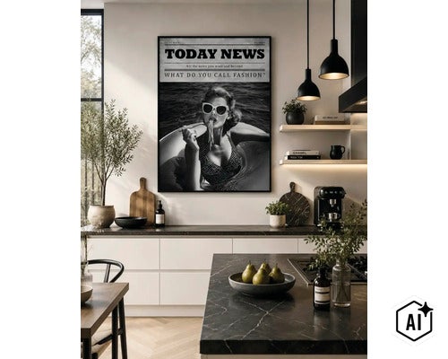 Wandbild mit Zeitungsdesign im schwarzen Rahmen in einer modernen Küche mit Kücheninsel und Küchenzeile mit Arbeitsplatte in Steinoptik. (Image AI modified or generated)