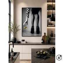 Moderne Küche mit einer Wanddekoration in Form eines Schwarz Weiß Bildes einer Frau mit Weinglas über einer dunklen Küchenarbeitsplatte. (Image AI modified or generated)