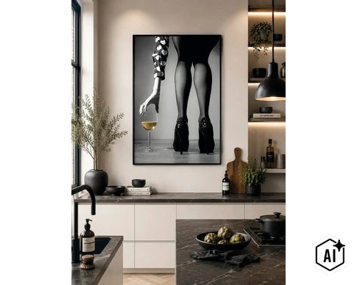 Moderne Küche mit einer Wanddekoration in Form eines Schwarz Weiß Bildes einer Frau mit Weinglas über einer dunklen Küchenarbeitsplatte. (Image AI modified or generated)