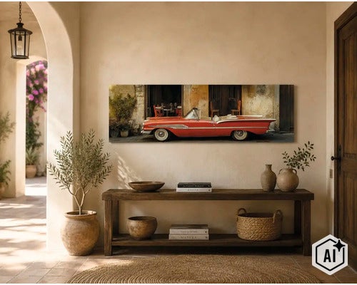 Wandbild mit Motiv eines Oldtimer Cabriolets in mediterraner Umgebung über einem rustikalen Konsolentisch in einem hellen Flur. (Image AI modified or generated)