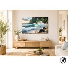Wandbild mit Motiv einer brechenden Welle an einem tropischen Strand über einem hellen Holzsideboard in einem modernen Wohnzimmer (Image AI modified or generated)