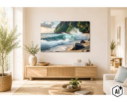 Wandbild mit Motiv einer brechenden Welle an einem tropischen Strand über einem hellen Holzsideboard in einem modernen Wohnzimmer (Image AI modified or generated)