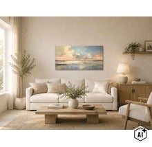 Wohnzimmer mit hellem Sofa, Holztisch und einem abstraktem Landschaftsbild an der Wand in neutraler Einrichtung. (Image AI modified or generated)