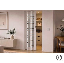 Une porte pliante blanche entrouverte avec des inserts en verre dans une pièce lumineuse et moderne, avec un dressing derrière. (Image AI modified or generated)