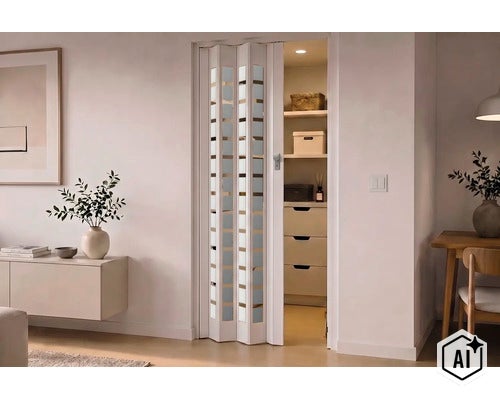 Une porte pliante blanche entrouverte avec des inserts en verre dans une pièce lumineuse et moderne, avec un dressing derrière. (Image AI modified or generated)