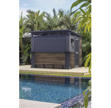 Modernes Gartenhaus mit Bartheke auf Holzterrasse neben einem Swimmingpool, umgeben von tropischen Pflanzen.