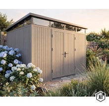 Modernes Gartenhaus mit vertikaler Holzoptik, Doppeltür und umlaufendem Oberlicht im gepflegten Garten. (Image AI modified or generated)