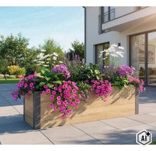 Jardinière rectangulaire aspect bois avec cadre sur une terrasse, plantée de fleurs d'été colorées. (Image AI modified or generated)