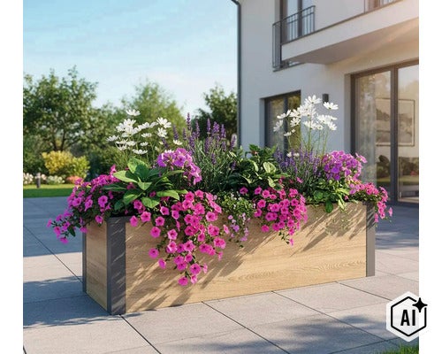 Jardinière rectangulaire aspect bois avec cadre sur une terrasse, plantée de fleurs d'été colorées. (Image AI modified or generated)