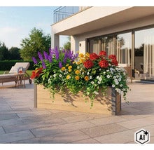 Jardinière rectangulaire aspect bois sur une terrasse, garnie de fleurs épanouies violettes, jaunes, rouges et blanches. (Image AI modified or generated)