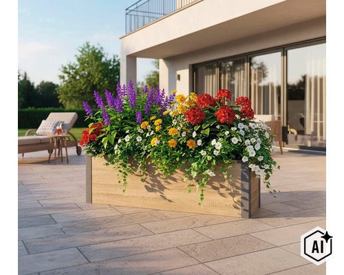 Jardinière rectangulaire aspect bois sur une terrasse, garnie de fleurs épanouies violettes, jaunes, rouges et blanches. (Image AI modified or generated)