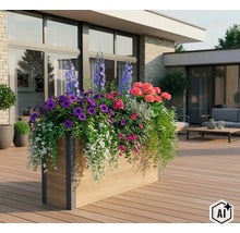 Jardinière rectangulaire aspect bois sur une terrasse moderne, plantée de fleurs d'été devant une maison moderne. (Image AI modified or generated)