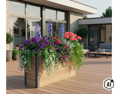 Jardinière rectangulaire aspect bois sur une terrasse moderne, plantée de fleurs d'été devant une maison moderne. (Image AI modified or generated)