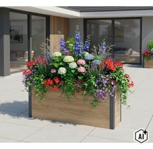 Grand bac à fleurs rectangulaire avec aspect bois et coins en métal foncé, richement planté de fleurs d'été colorées sur une terrasse. (Image AI modified or generated)
