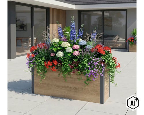 Grand bac à fleurs rectangulaire avec aspect bois et coins en métal foncé, richement planté de fleurs d'été colorées sur une terrasse. (Image AI modified or generated)