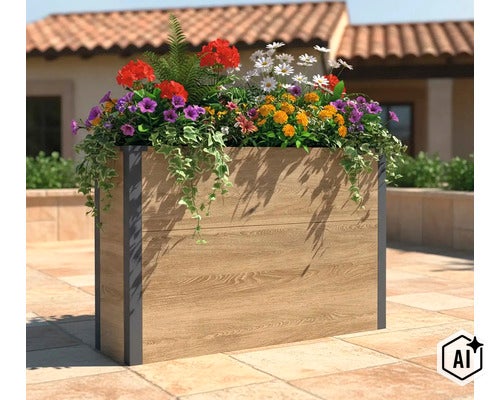 Jardinière rectangulaire imitation bois avec coins en métal foncé, remplie de fleurs sur une terrasse devant une maison. (Image AI modified or generated)