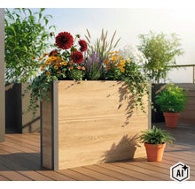 Jardinière rectangulaire aspect bois avec profilés d'angle sombres, plantée de fleurs colorées et de graminées sur une terrasse. (Image AI modified or generated)