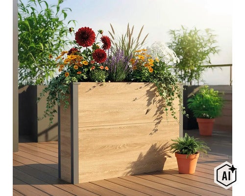 Jardinière rectangulaire aspect bois avec profilés d'angle sombres, plantée de fleurs colorées et de graminées sur une terrasse. (Image AI modified or generated)
