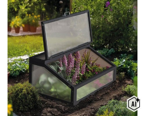 Châssis de jardin avec couvercle ouvrant en plaques alvéolaires et cadre, placé dans un potager avec des plantes. (Image AI modified or generated)