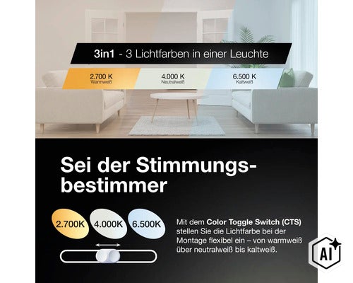 Infographie sur la fonction Color Toggle Switch avec trois couleurs de lumière réglables de blanc chaud à blanc froid pour l installation. (Image AI modified or generated)