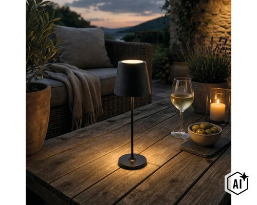 Moderne kabellose LED Tischleuchte auf einem Holztisch im Freien bei Abenddämmerung mit gemütlicher Beleuchtung und Terrasse im Hintergrund. (Image AI modified or generated)