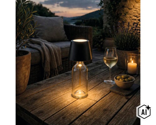 Dekorative Tischleuchte mit Glasflaschensockel und Lampenschirm auf einem Holztisch im Außenbereich bei Dämmerung. (Image AI modified or generated)