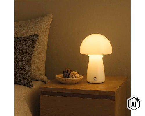 Pilzförmige Tischleuchte mit warmweißem Licht auf einem Nachttisch neben einer Dekoschale. (Image AI modified or generated)
