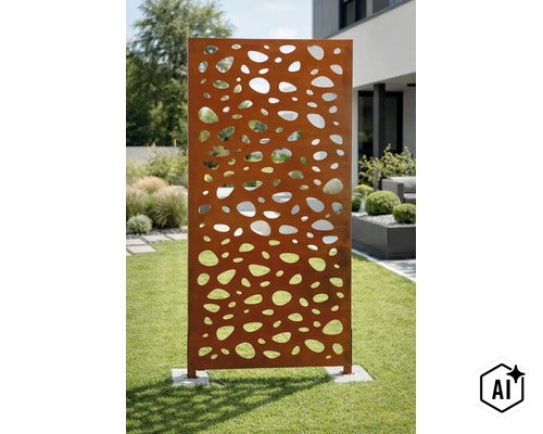 Paravent rectangulaire en métal avec motif de trous organiques, placé librement dans le jardin comme séparateur décoratif pour l extérieur. (Image AI modified or generated)