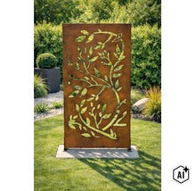 Rechteckiger Sichtschutz aus Metall in Edelrostoptik mit ausgestanztem Pflanzenmotiv als Dekorpaneel für den Garten. (Image AI modified or generated)