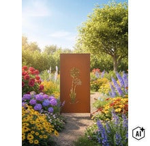 Écran de confidentialité en métal avec patine rouille et motif floral comme décoration de jardin dans un jardin ensoleillé avec des parterres. (Image AI modified or generated)