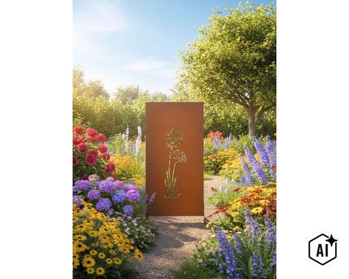 Écran de confidentialité en métal avec patine rouille et motif floral comme décoration de jardin dans un jardin ensoleillé avec des parterres. (Image AI modified or generated)