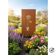 Écran de confidentialité rectangulaire en métal aspect rouille avec motif floral découpé placé dans un jardin fleuri avec diverses plantes vivaces. (Image AI modified or generated)