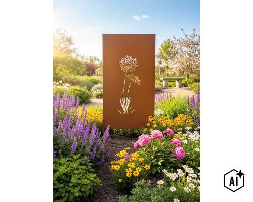 Écran de confidentialité rectangulaire en métal aspect rouille avec motif floral découpé placé dans un jardin fleuri avec diverses plantes vivaces. (Image AI modified or generated)