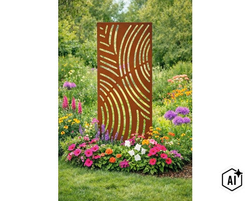 Brise vue rectangulaire en métal avec un motif décoratif à rayures dans un jardin parmi des parterres de fleurs. (Image AI modified or generated)