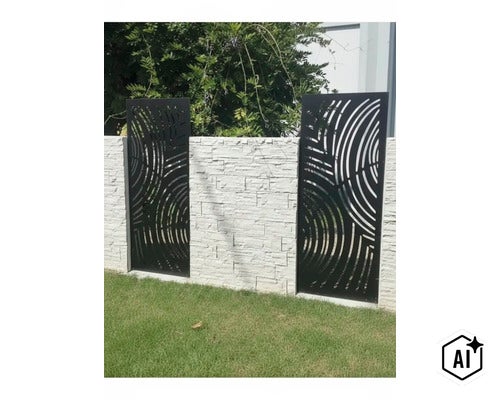 Dekoratives Metall Sichtschutzelement mit kreisförmigem Muster integriert in eine weiße Mauer als moderner Garten Sichtschutz (Image AI modified or generated)