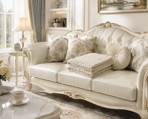Klassisches Sofa im Barock Stil mit geschwungenem Holzrahmen und Knopfheftung in einem elegant eingerichteten Wohnzimmer mit Dekokissen.