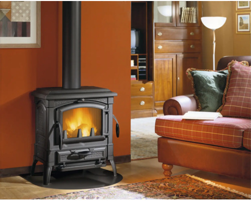 Poêle à bois en fonte au design rustique installé dans un salon avec un feu visible à travers la vitre et un conduit de fumée noir.