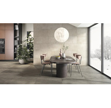 Salle à manger moderne avec grands carreaux de sol et muraux aspect béton, table en bois ovale et baies vitrées avec vue sur l extérieur.