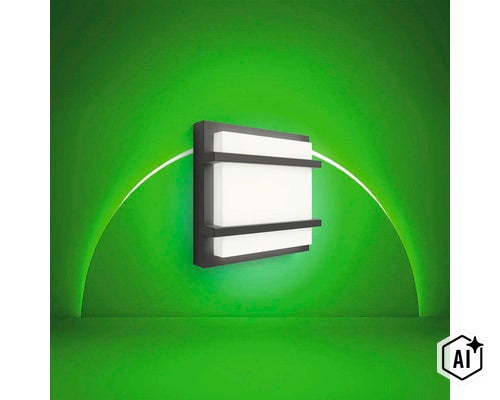Moderne quadratische Wandleuchte mit dunklem Rahmen und weissem Lichtdiffusor zur Aussenbeleuchtung. (Image AI modified or generated)