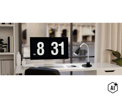 Lampe de bureau moderne avec bras flexible sur un bureau devant une fenêtre à côté d'un écran d'ordinateur dans un bureau lumineux. (Image AI modified or generated)