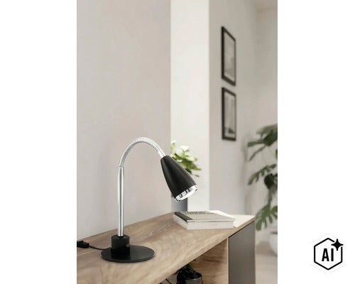 Lampe de bureau moderne avec bras flexible sur une étagère en bois dans une pièce lumineuse. (Image AI modified or generated)