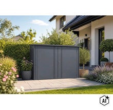 Abri poubelle moderne en métal installé dans un jardin sur une terrasse pavée devant une maison. (Image AI modified or generated)