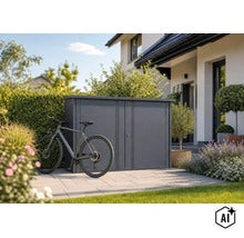 Un abri à vélos en métal est installé sur une terrasse devant une maison, avec un vélo à côté. (Image AI modified or generated)