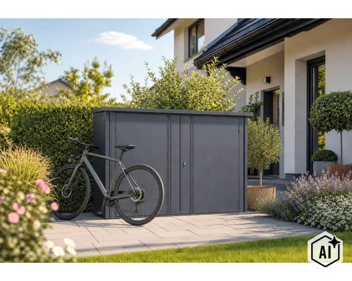 Un abri à vélos en métal est installé sur une terrasse devant une maison, avec un vélo à côté. (Image AI modified or generated)