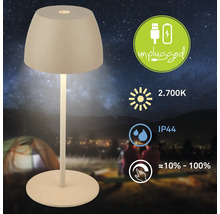 Lampe de table LED sans fil avec batterie, 2700 Kelvin lumière blanc chaud, indice de protection IP44 pour extérieur, intensité variable.
