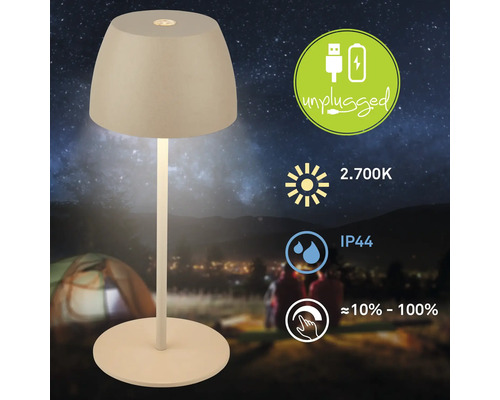 Lampe de table LED sans fil avec batterie, 2700 Kelvin lumière blanc chaud, indice de protection IP44 pour extérieur, intensité variable.