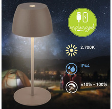 Kabellose LED Tischleuchte für den Außenbereich mit Akku und USB Lademöglichkeit, warmweißes Licht, IP44 spritzwassergeschützt und dimmbar.
