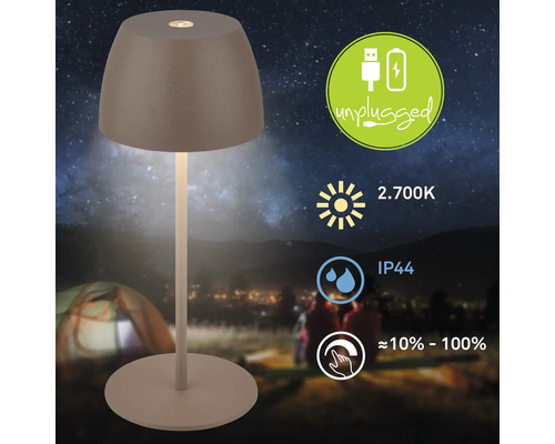 Kabellose LED Tischleuchte für den Außenbereich mit Akku und USB Lademöglichkeit, warmweißes Licht, IP44 spritzwassergeschützt und dimmbar.