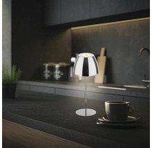 Lampe de table moderne en métal sur un plan de travail dans un environnement de cuisine élégant.